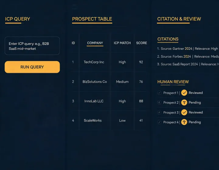 AI agent prospecting research interface with evidence columns